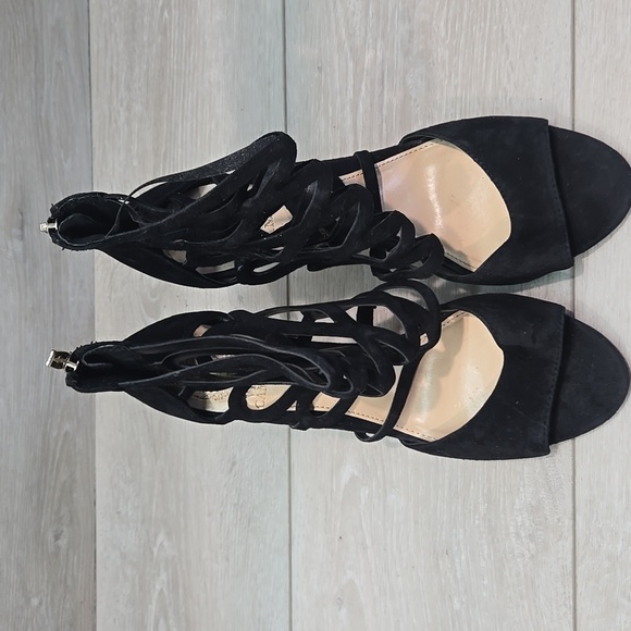 Vince Camuto Women Black Suede Strappy Heels Open Pump Toe Shoes Sz 8M - Picture 3 of 12